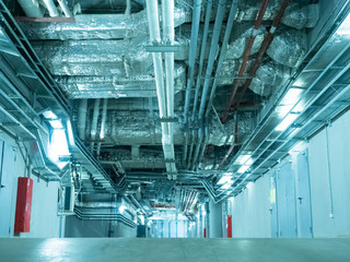 Ventilation. Technical floor. New construction. Cassette type, air condition and hvac system under...