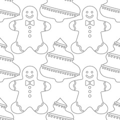 Gingerbread. Black and white illustration for coloring book or page. Christmas, holiday background.