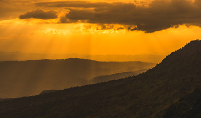 Sunset at Loei Province, Phu Kradueng National Park Thailand. Landscape view from mountain.