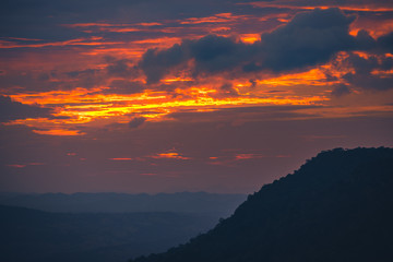 Sunset at Loei Province, Phu Kradueng National Park Thailand. Landscape view from mountain.
