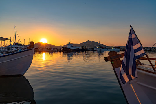 Naoussa village and harbor at sunset - Aegean Sea - Paros Cyclades island - Greece