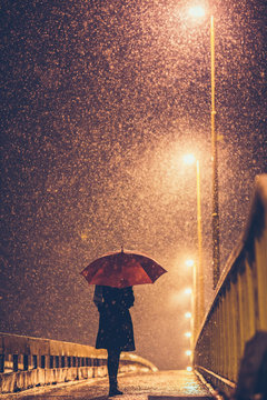 Woman with umbrella standing on bridge during snowfall