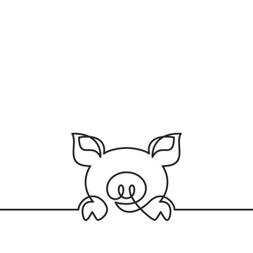 One continuous line drawing of pig, Black and white vector minimalistic illustration