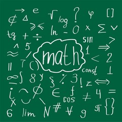 Fototapeta na wymiar Mathematical handdrawn doodle basic characters on green background. Vector illustration.
