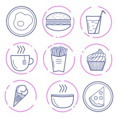 Vector illustration of food icons on white background. Hamburger, fried eggs, pizza, plate, hot soup, hot tea, ice cream, cupcake, French fries, mineral water, glass, mug. Eps 10.