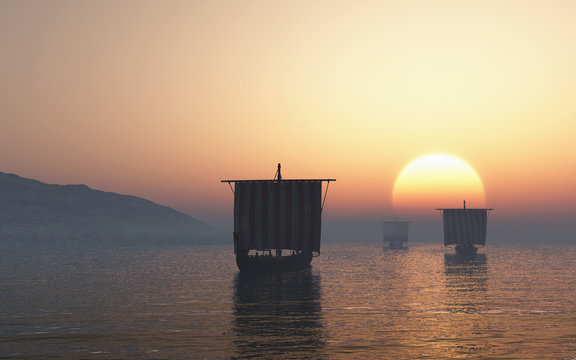 Viking Longships Approaching at Sunset - illustration