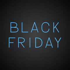 Black Friday blue realistic neon sign on brick wall background. Shopping concept vector illustration. Seasonal sale banner.