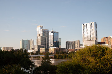 Austin Skyline During the Day with Blue Sky and River