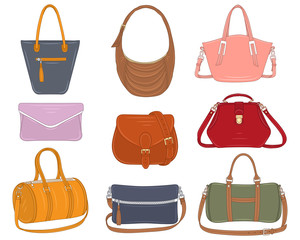 Women fashion handbags collection, vector illustration. Different types of stylish bags, satchel, saddle, hobo, doctor, clutch, duffel, tote,barrel isolated on a white background.
