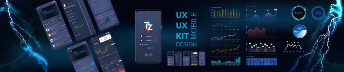 Mobile app infographic template with modern design weekly and statistics graphs. Modern design responsive management and administration. Dashboard UI mobile app template, mockups UI UX KIT elements