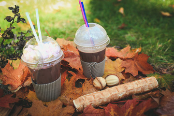 delicious cocoa with marshmallows and a tube with condensed milk in the autumn park