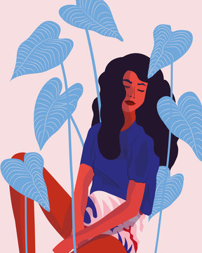 Illustration of young woman sleeping amidst plants in garden