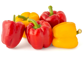 Delicious sweet ripe bell peppers of the red and yellow on a white background