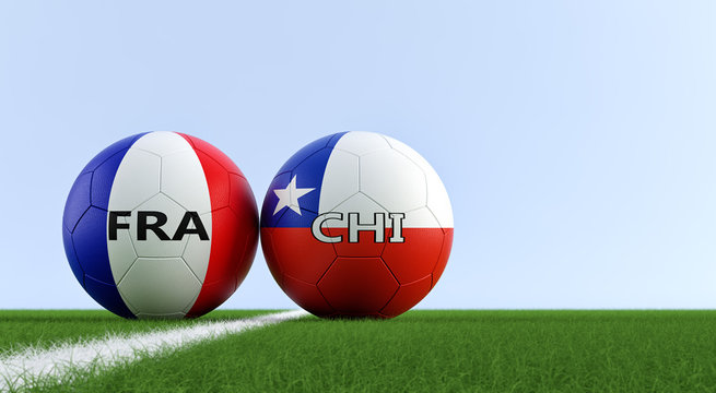 France vs. Chile Soccer Match - Soccer balls in France and Chile national colors on a soccer field. Copy space on the right side - 3D Rendering 