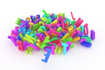 CGI typography, letter of ABC, alphabet for design texture, background. Illustration, mess, education & concept.