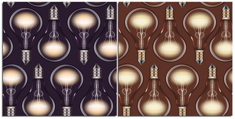 Vector set of seamless patterns of a realistic incandescent lamp, glowing brightly against a purple, brown background. Realistic image of a split tungsten filament, a glass bulb and a shiny metal base