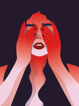 Woman with hands hiding face
