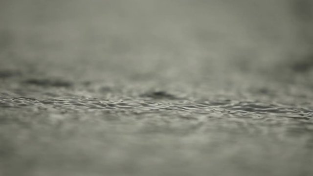 Heavy drops of rain on the surface of water. Smal lake neath the city. downpour. Slow motion video