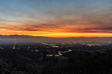 Los Angeles, California, USA - November 10, 2018:  Smoke filled dawn sky above the San Fernando Valley.  Smoke is from the Woolsey fire in Malibu and Ventura County. 