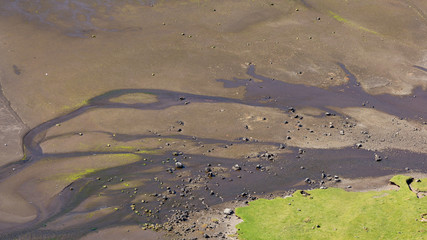 Aerial view of a delta like formation in Faroe Islands