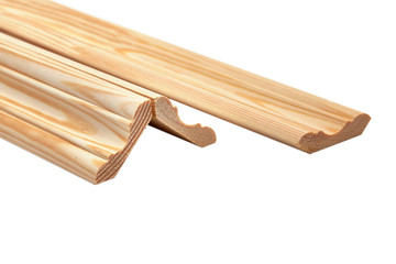 Different wooden plinth. Industrial sample, isolated on white