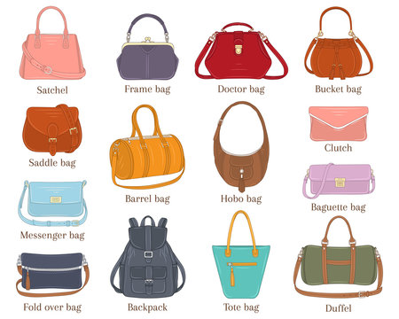 Women fashion handbags collection, vector illustration. Different types of stylish bags, satchel, hobo, doctor, clutch, duffel, baguette, tote, backpack isolated on white background.