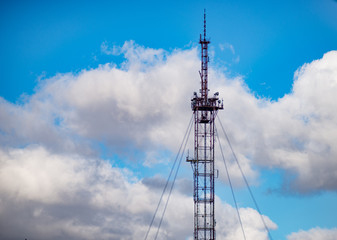 High large TV tower with antennas on blue sky background