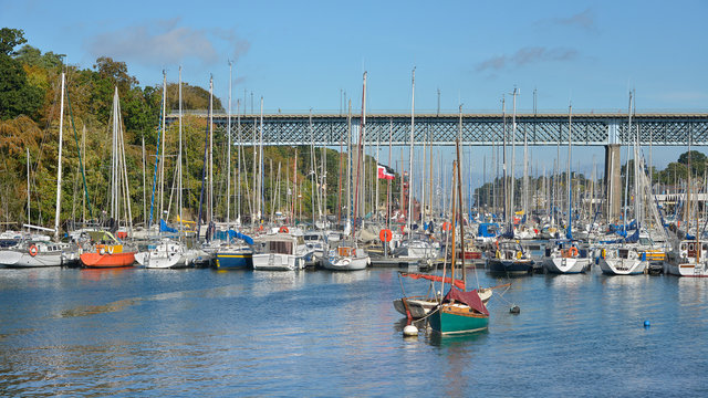 Port Rhu and bridge of Douarnenez, a commune in the Finistère department of Brittany in north-western France.
