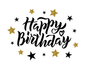 Happy Birthday text as badge, tag, icon, celebration card, invitation, postcard, banner template. Holiday hand lettering typography poster. Vector illustration.