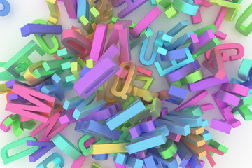 Fototapeta premium Abstract CGI typography, alphabet, letter of ABC. Wallpaper for graphic design. Pile, random, style & kindergarten.