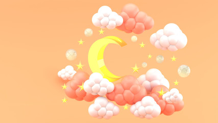 The yellow moon in the clouds and the stars on the orange background.-3d render..