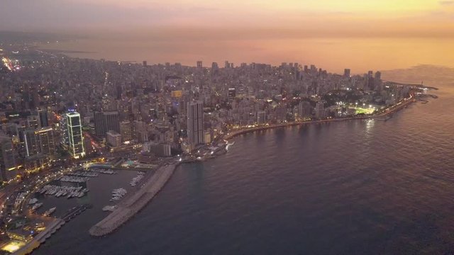 Aerial Panoramic Footage of Beirut, Lebanon, in a beautiful golden hour sunset