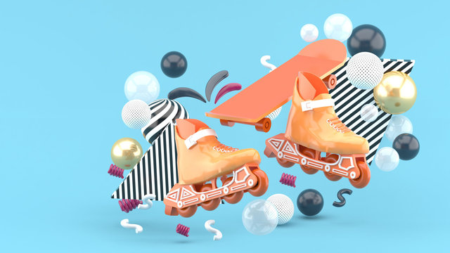 Orange sroller skates and orange skateboard amidst colorful balls on a blue background.-3d render..
