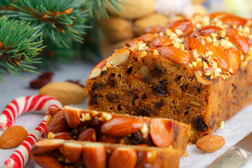 Fruitcake. Traditional Christmas cake with almonds, dried cranberries, cinnamon, cardamom, anise, cloves.  New year