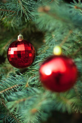 Bright Christmas decorations on the branches of the Christmas tree. selective focus. dramatic light.