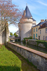 Keep of the fortified gate Saint-Julien on the Huisne river at La-Ferté-Bernard, a commune in the Sarthe department in the Pays de la Loire region in north-western France.