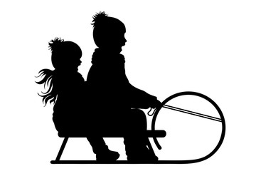 Vector silhouette of friends who sledding on snow toboggan.