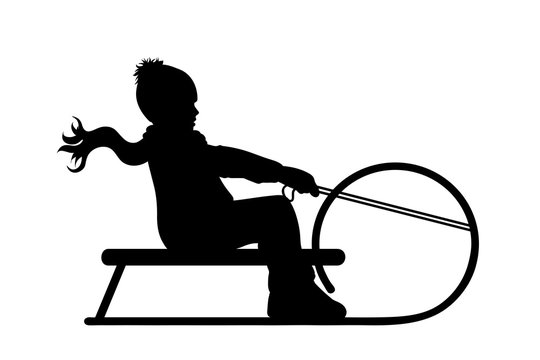 Vector Silhouette Of Boy Who Sledding On Snow Toboggan.