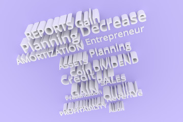 Abstract CGI typography, business related keywords. Wallpaper for graphic design. Coin, planning, quality, amortization.