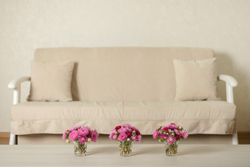 Beige sofa with pillows in the living room and vase with Flowers (Michaelmas daisy, asters).