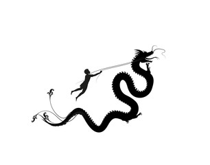 Fototapeta premium young man catching the fairy dragon and holding it on the thread, hero, black and white, 