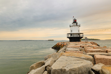 Spring Point Ledge Light at sunrise, Portland, Maine. The Light is a sparkplug lighthouse, Maine...