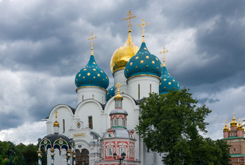 Domes with crosses in the famous Holy Trinity-St. Sergius Lavra, Russia