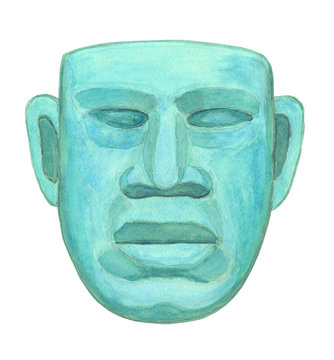 ancient jade latin american mask, water color illustration