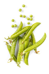 Green peas and pea pods on white background