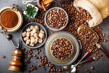 Black coffee in a composition with kitchen accessories