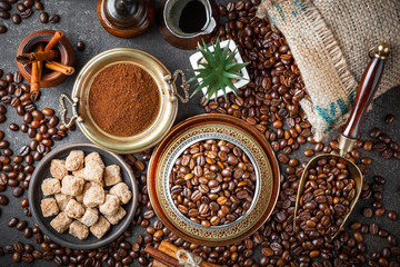 Black coffee in a composition with kitchen accessories