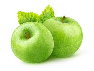 Isolated apple. Two green Granny Smith apples and leaf of mint isolated on white background with...