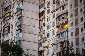 Ghetto architecture the collapse of the Soviet Union. Echo of the USSR. Country high-rise houses in the evening in Obolon district in the city of Kiev Ukraine