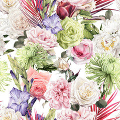 Seamless floral pattern with roses, watercolor.